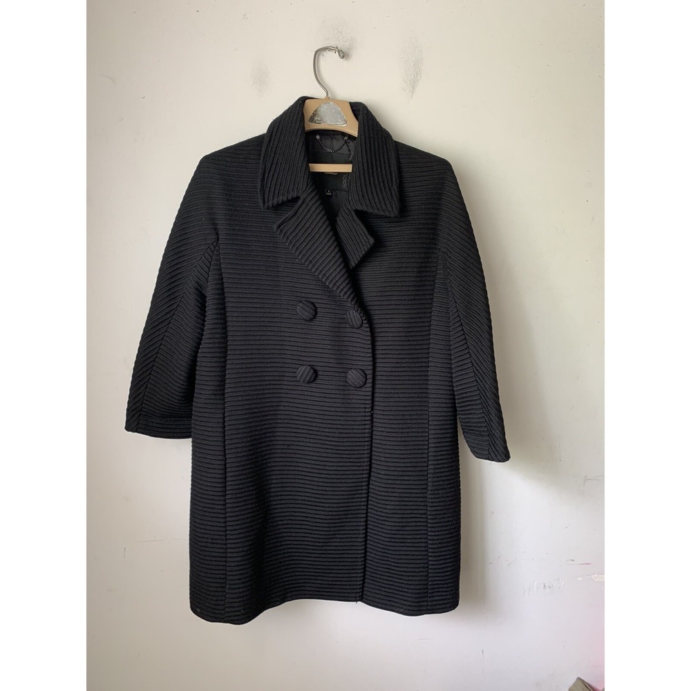 Talbots Womens Coat 6 Black Wool Blend Ribbed Overcoat Long Lined Button Front